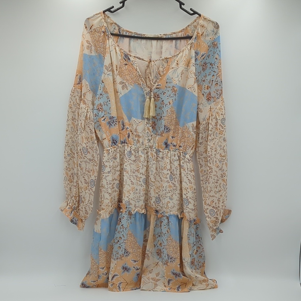 ILLA ILLA Boho Floral Dress Tiered Patchwork Print Medium Lined Long Sleeve Midi